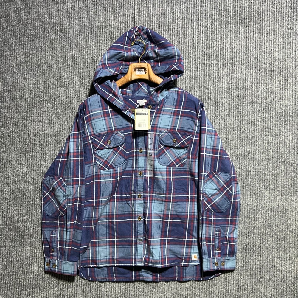 Carhartt Hooded Flannel Shirt Kids XL 16/18 Blue Plaid Long Sleeve Casual‎
